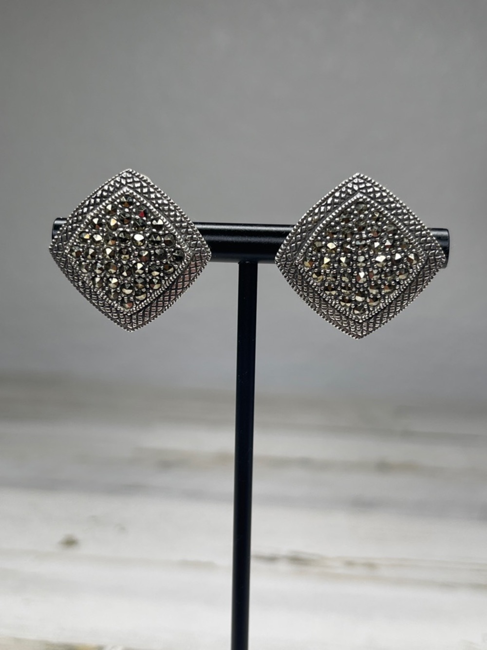 Vintage Sterling Silver Marcasite Square Clip On Statement Earrings